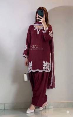 Maroon colour roman cotton farshi salwar suit with organza dupatta 1