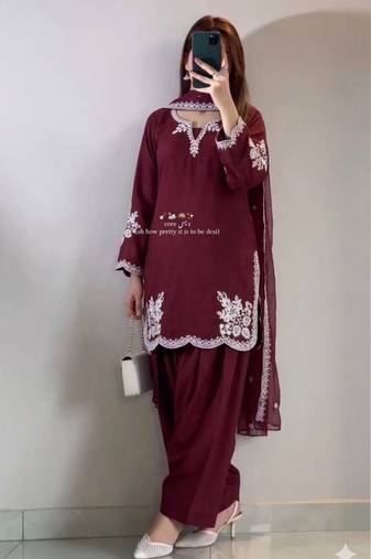 Maroon colour roman cotton farshi salwar suit with organza dupatta