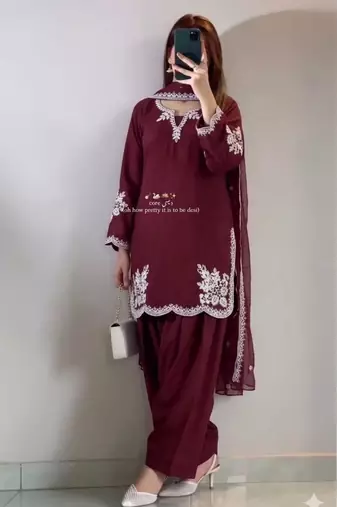 Maroon colour roman cotton farshi salwar suit with organza dupatta