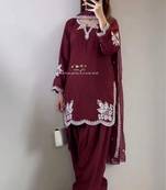 Maroon colour roman cotton farshi salwar suit with organza dupatta