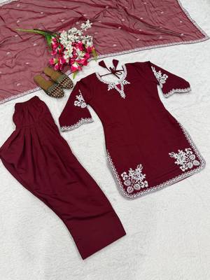 Maroon colour roman cotton farshi salwar suit with organza dupatta 2