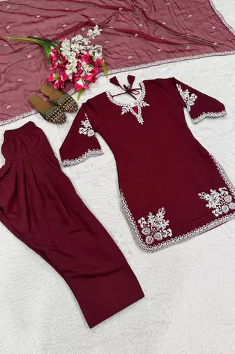 Maroon colour roman cotton farshi salwar suit with organza dupatta