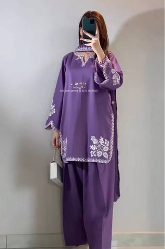 Lavender colour roman cotton farshi salwar suit with organza dupatta