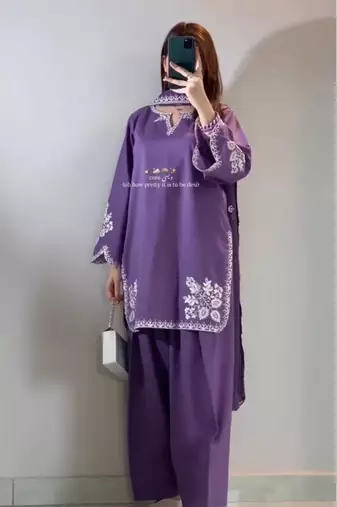 Lavender colour roman cotton farshi salwar suit with organza dupatta