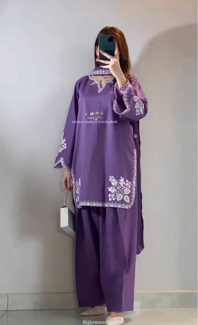 Lavender colour roman cotton farshi salwar suit with organza dupatta