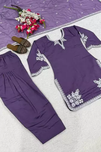 Lavender colour roman cotton farshi salwar suit with organza dupatta