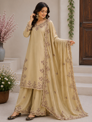 Chiku Color Embroidery And Sequince Work Silk Blend Salwar Suit 1