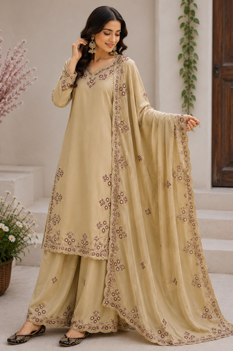 Chiku Color Embroidery And Sequince Work Silk Blend Salwar Suit