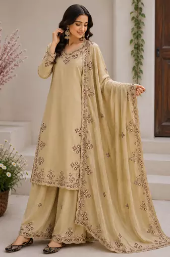 Chiku Color Embroidery And Sequince Work Silk Blend Salwar Suit