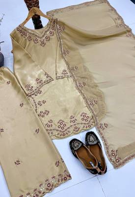 Chiku Color Embroidery And Sequince Work Silk Blend Salwar Suit 3