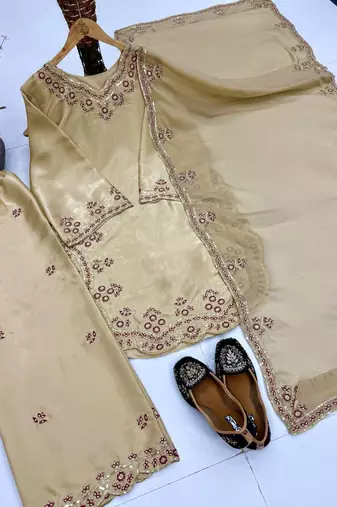 Chiku Color Embroidery And Sequince Work Silk Blend Salwar Suit
