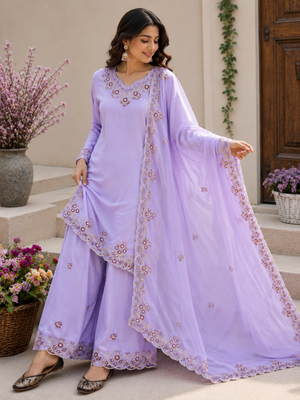 Lavender Color Embroidery And Sequince Work Silk Blend Salwar Suit 1