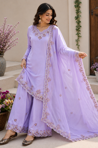Lavender Color Embroidery And Sequince Work Silk Blend Salwar Suit