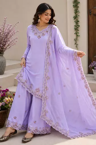 Lavender Color Embroidery And Sequince Work Silk Blend Salwar Suit
