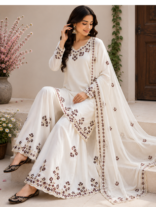 Off White Color Embroidery And Sequince Work Silk Blend Salwar Suit 1