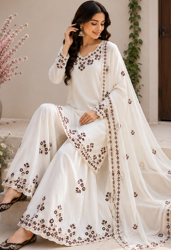 Off White Color Embroidery And Sequince Work Silk Blend Salwar Suit