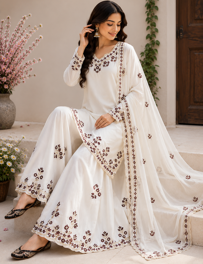 Off White Color Embroidery And Sequince Work Silk Blend Salwar Suit