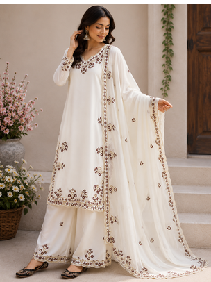 Off White Color Embroidery And Sequince Work Silk Blend Salwar Suit 2
