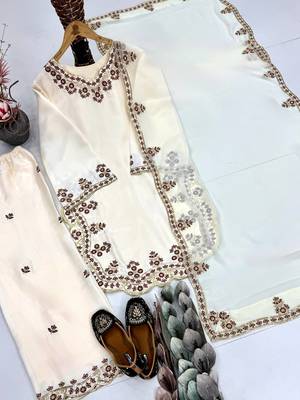 Off White Color Embroidery And Sequince Work Silk Blend Salwar Suit 3