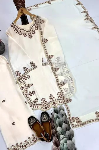 Off White Color Embroidery And Sequince Work Silk Blend Salwar Suit