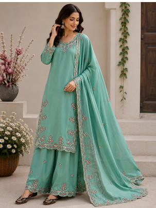 Teal Color Embroidery And Sequince Work Silk Blend Salwar Suit 1