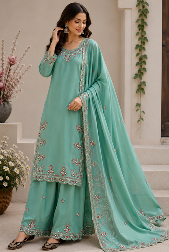 Teal Color Embroidery And Sequince Work Silk Blend Salwar Suit