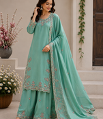 Teal Color Embroidery And Sequince Work Silk Blend Salwar Suit