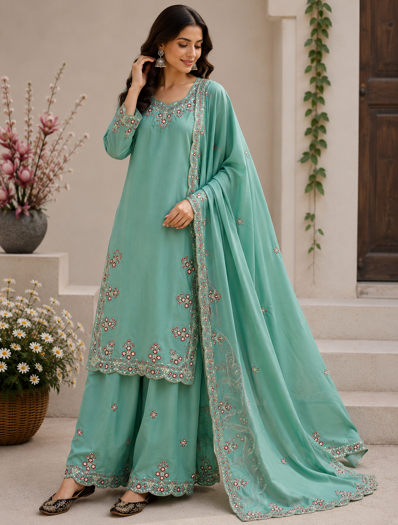 Teal Color Embroidery And Sequince Work Silk Blend Salwar Suit