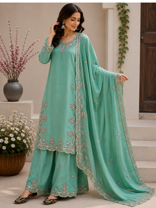 Teal Color Embroidery And Sequince Work Silk Blend Salwar Suit 2