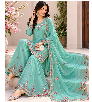 Teal Color Embroidery And Sequince Work Silk Blend Salwar Suit 3