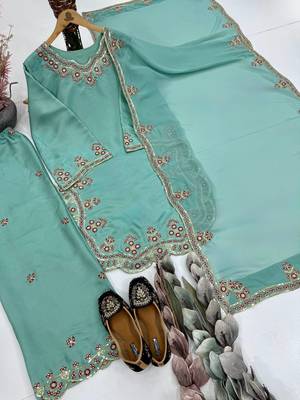 Teal Color Embroidery And Sequince Work Silk Blend Salwar Suit 4
