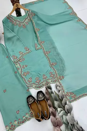 Teal Color Embroidery And Sequince Work Silk Blend Salwar Suit