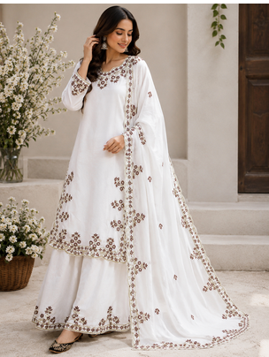 Off White Color Embroidery And Sequince Work Silk Blend Salwar Suit 1