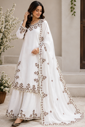 Off White Color Embroidery And Sequince Work Silk Blend Salwar Suit
