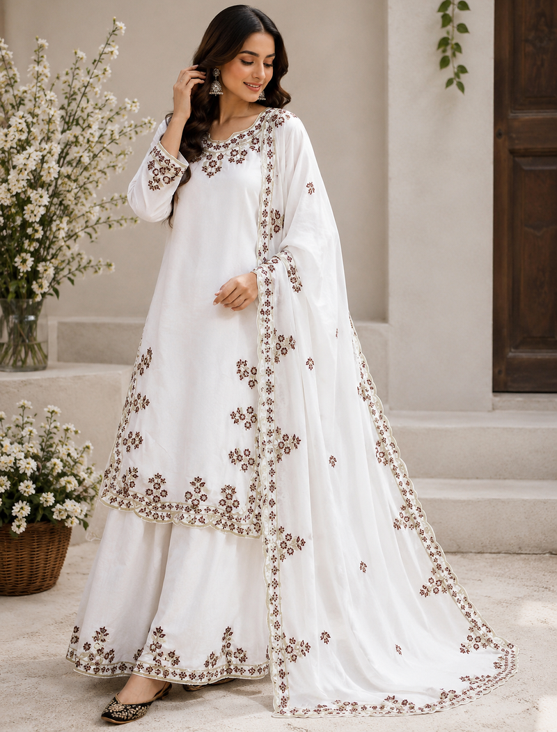 Off White Color Embroidery And Sequince Work Silk Blend Salwar Suit