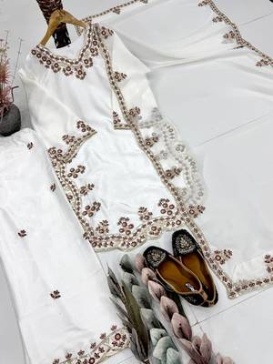 Off White Color Embroidery And Sequince Work Silk Blend Salwar Suit 3