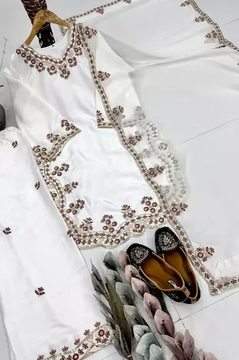 Off White Color Embroidery And Sequince Work Silk Blend Salwar Suit
