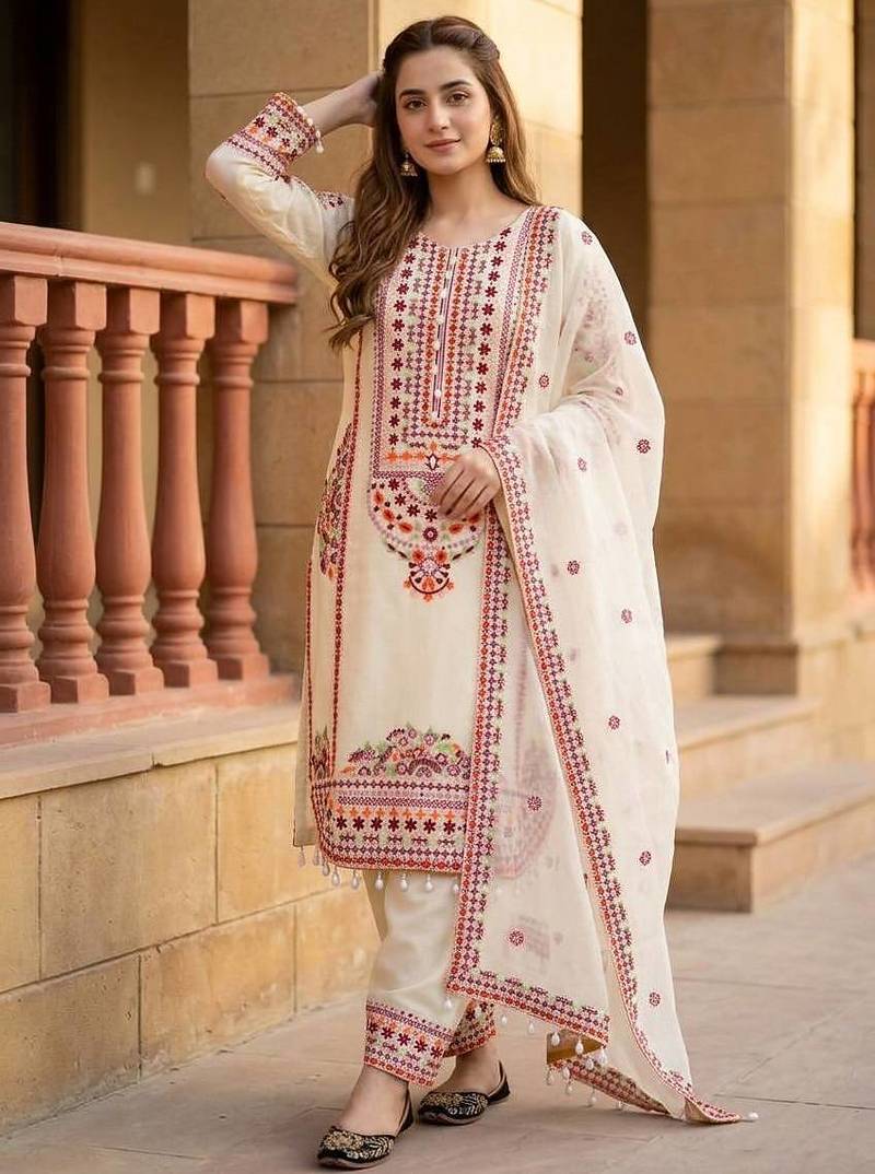 Cream heavy mal chanderi  party wear embroidery plazzo suit set