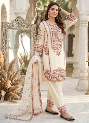 Cream heavy mal chanderi  party wear embroidery plazzo suit set 2