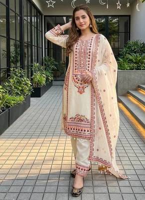 Cream heavy mal chanderi  party wear embroidery plazzo suit set 3