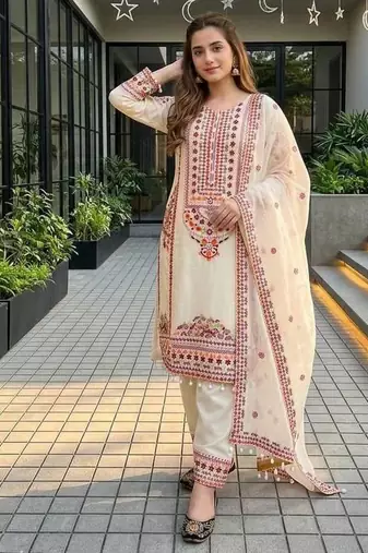 Cream heavy mal chanderi  party wear embroidery plazzo suit set