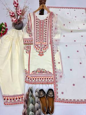 Cream heavy mal chanderi  party wear embroidery plazzo suit set 4