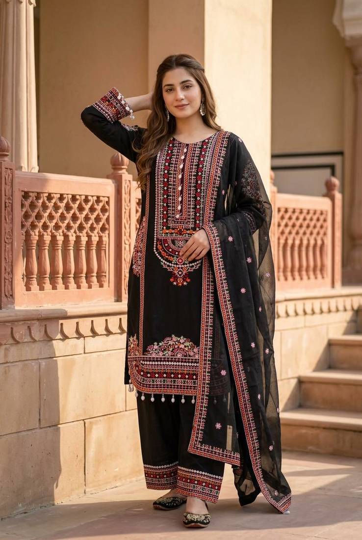 Black heavy mal chanderi  party wear embroidery plazzo suit set