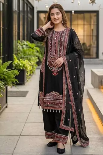 Black heavy mal chanderi  party wear embroidery plazzo suit set