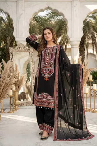 Black heavy mal chanderi  party wear embroidery plazzo suit set
