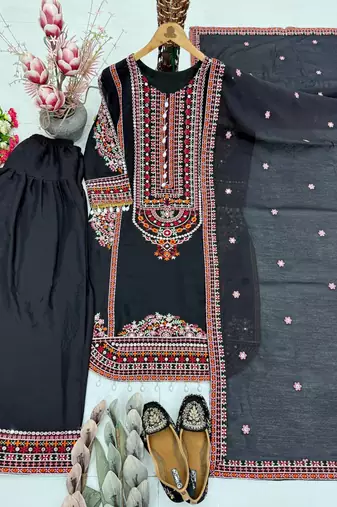 Black heavy mal chanderi  party wear embroidery plazzo suit set