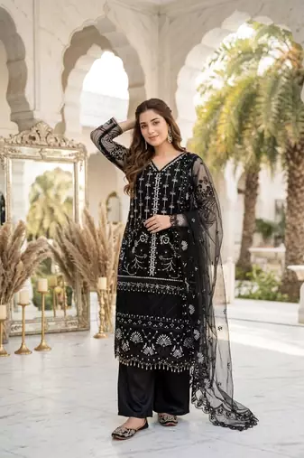 Black heavy soft net  party wear embroidery  plazzo suit set
