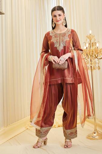 Dark orange heavy fandy silk party wear embroidery farshi salwar suit set