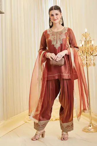 Dark orange heavy fandy silk party wear embroidery farshi salwar suit set