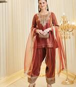Dark orange heavy fandy silk party wear embroidery farshi salwar suit set